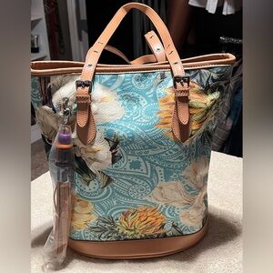 Sharif Floral Blue and Tan Genuine Leather Tote Bag